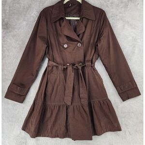 Ambition Jacket Womens Large Brown Belted Double Breasted Ruffle Hem Trench Coat